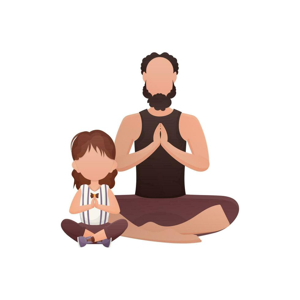 uma homem com uma fofa pequeno menina estão sentado meditando dentro a lótus posição. isolado. desenho animado estilo. vetor