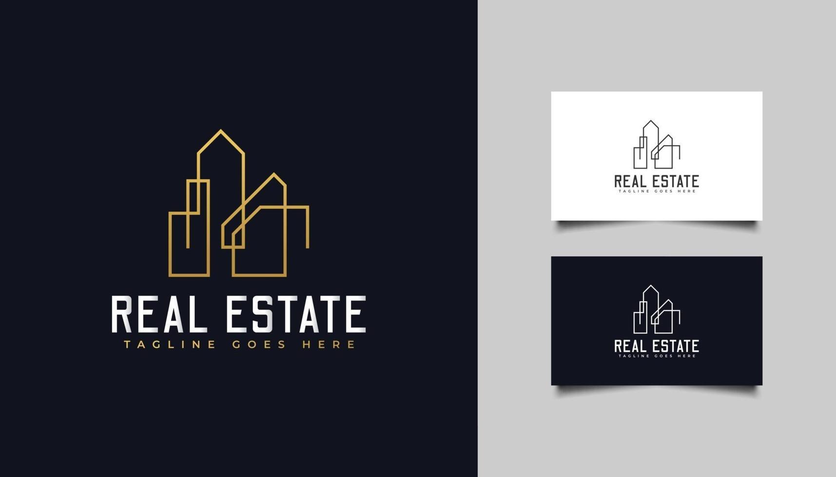 logotipo imobiliário de ouro em estilo de linha. construção, arquitetura ou modelo de design de logotipo de construção vetor