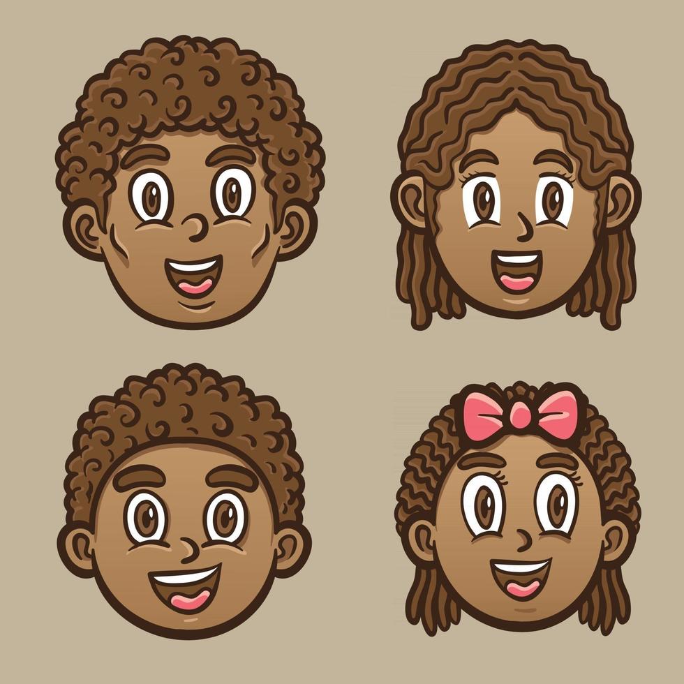ilustração emoticon de crianças negras felizes e personagem adulto vetor