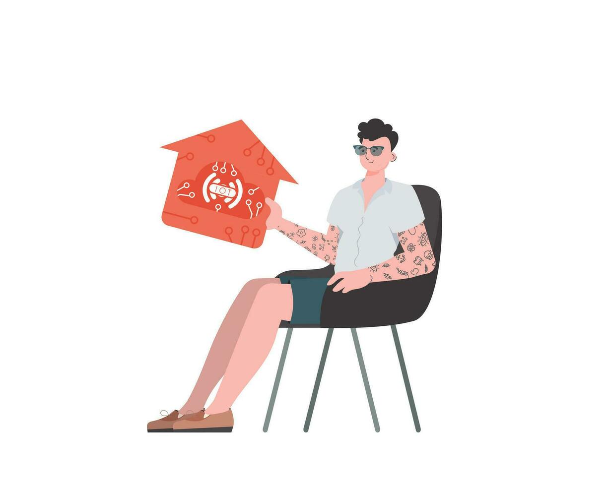 uma homem senta dentro uma cadeira e detém uma casa ícone dentro dele mãos. Internet do coisas conceito. isolado. vetor ilustração dentro plano estilo.