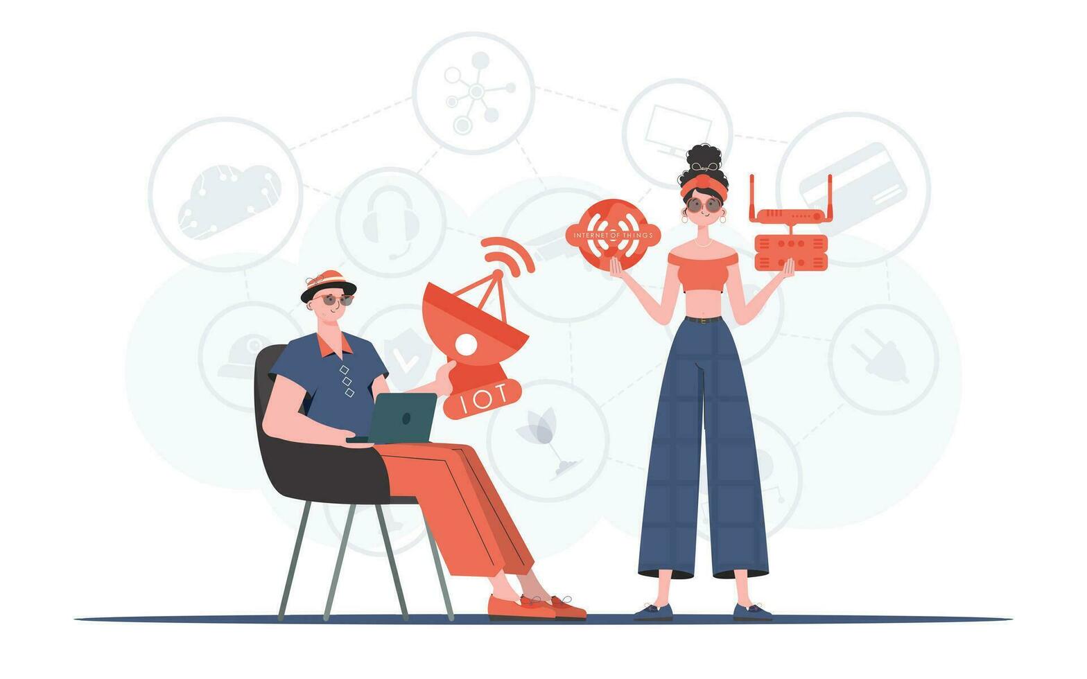 Internet do coisas e automação conceito. a menina e a cara estão uma equipe dentro a campo do iot. Boa para sites e apresentações. vetor ilustração dentro na moda plano estilo.