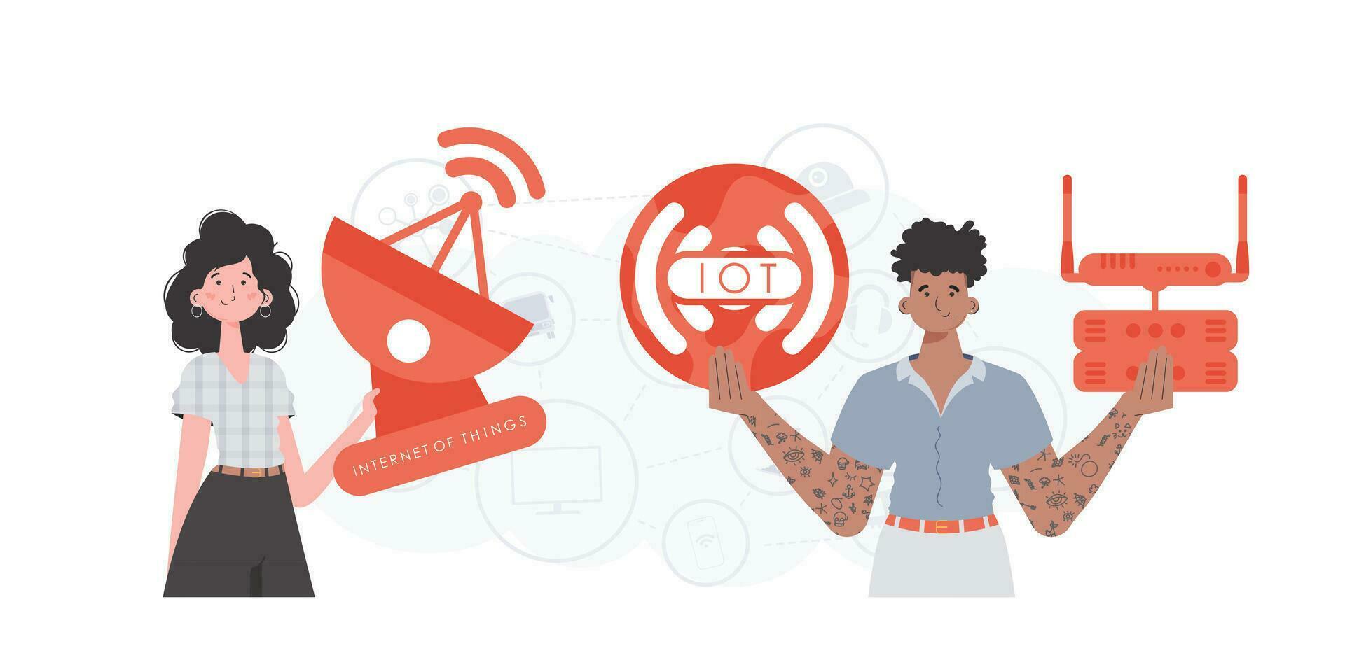 Internet do coisas e automação conceito. a menina e a cara estão uma equipe dentro a campo do iot. Boa para apresentações e sites. vetor ilustração.