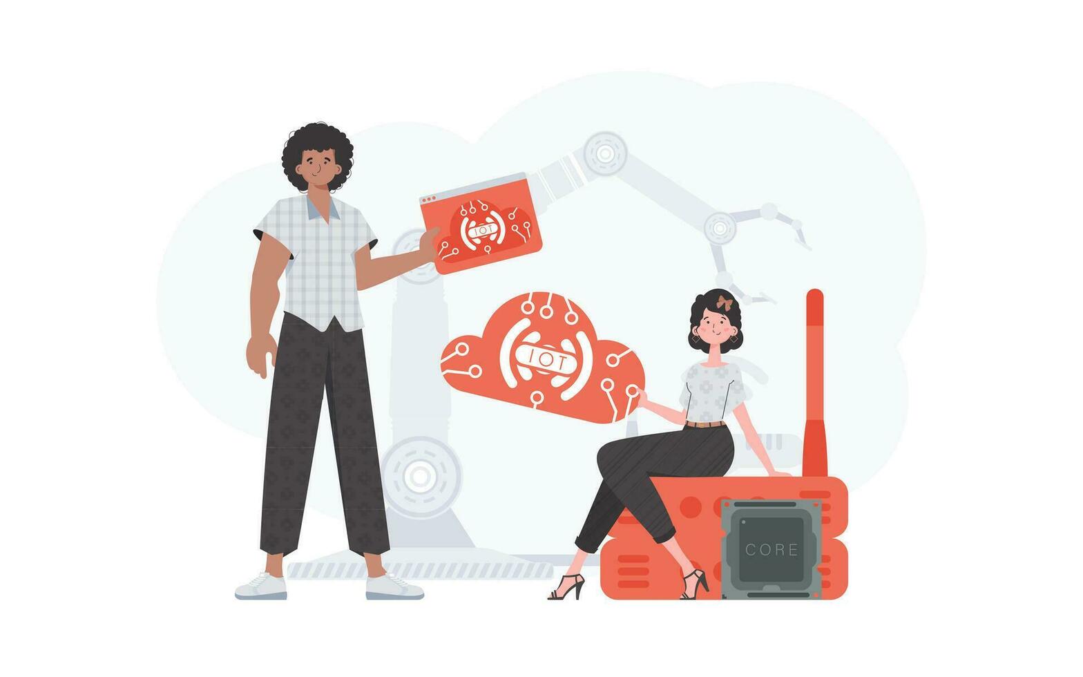 muito conceito. a menina e a cara estão uma equipe dentro a campo do iot. Boa para apresentações e sites. vetor ilustração dentro plano estilo.