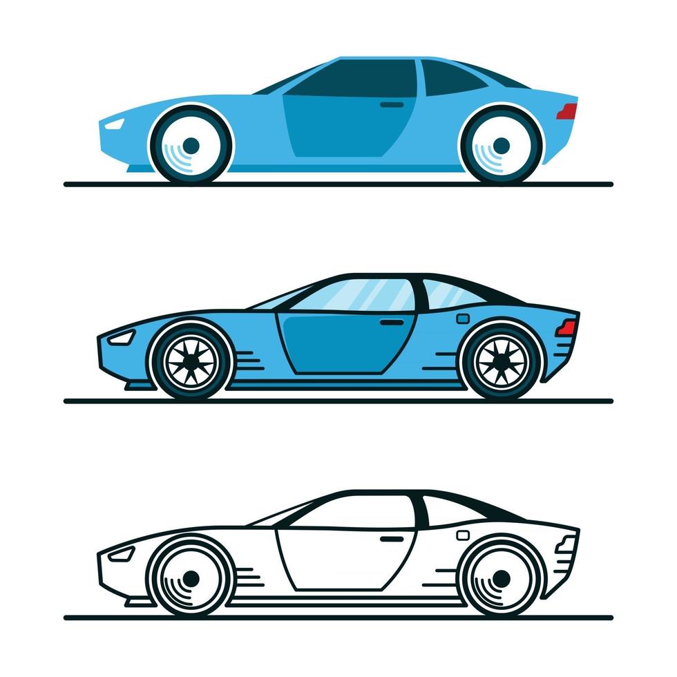 carro azul em três estilos de design diferentes vetor