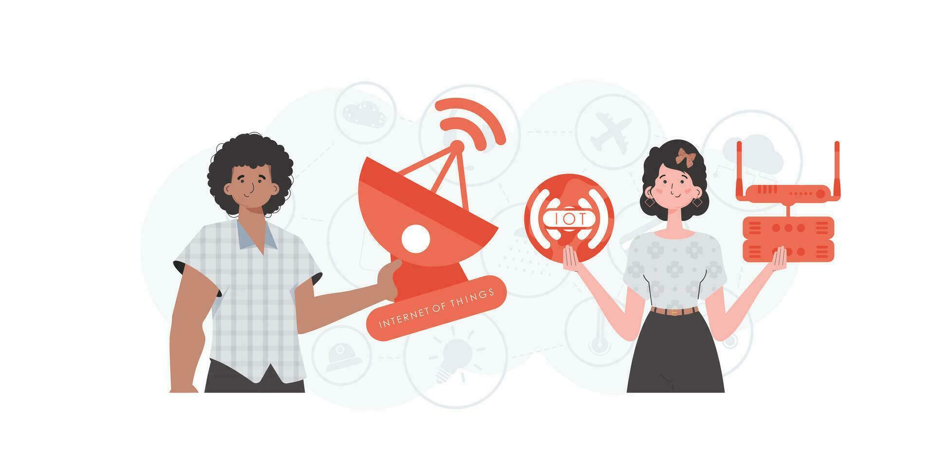 Internet do coisas e automação conceito. a menina e a cara estão uma equipe dentro a campo do iot. Boa para sites e apresentações. vetor ilustração.