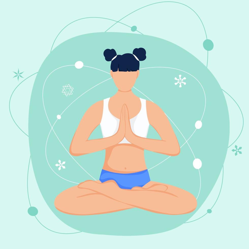ilustração em vetor de uma mulher praticando ioga e meditação. a menina se senta em posição de lótus, o processo de pensamento, o nascimento e a busca de ideias.