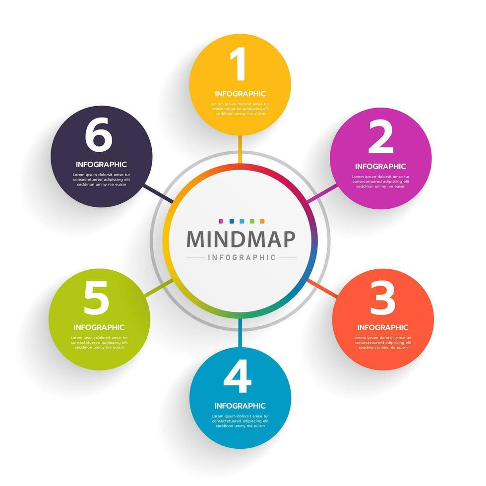 infográfico modelo para negócios. 6 passos moderno mapa mental diagrama com círculo tópicos, apresentação vetor infográfico.