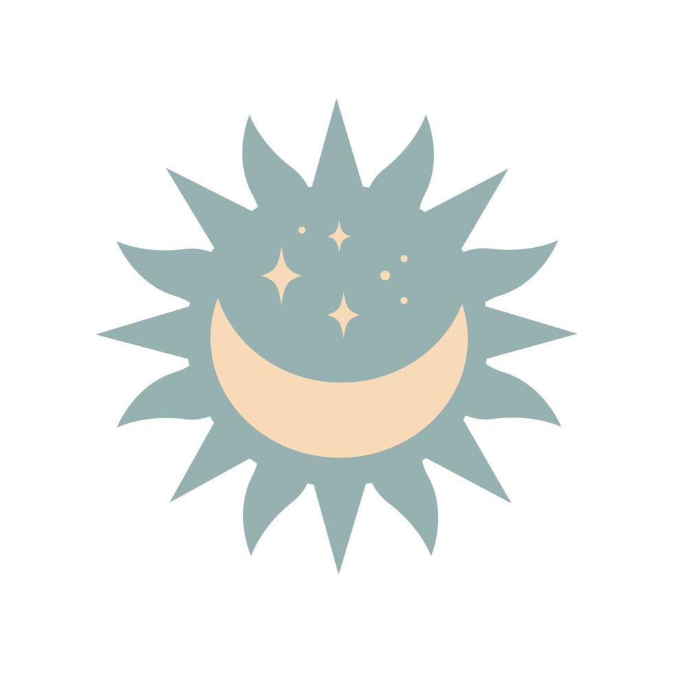 sol boho mágico moderno com lua, estrelas em silhueta isolada no fundo branco. ilustração em vetor plana. elemento celestial decorativo boho para tatuagem, cartões, convites, casamento