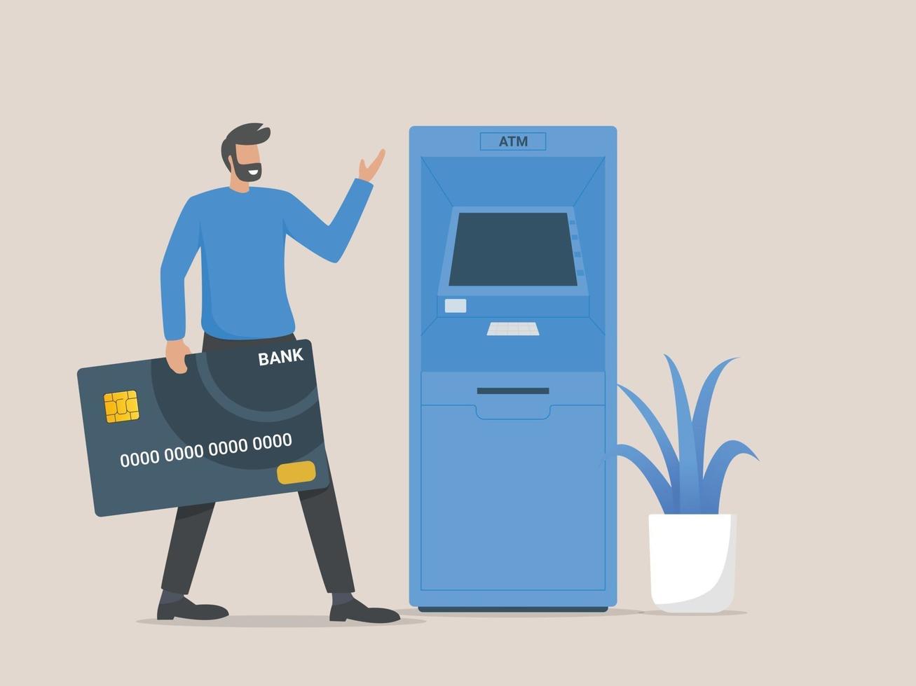 cliente homem parado perto da máquina ATM segurando um cartão de crédito vetor