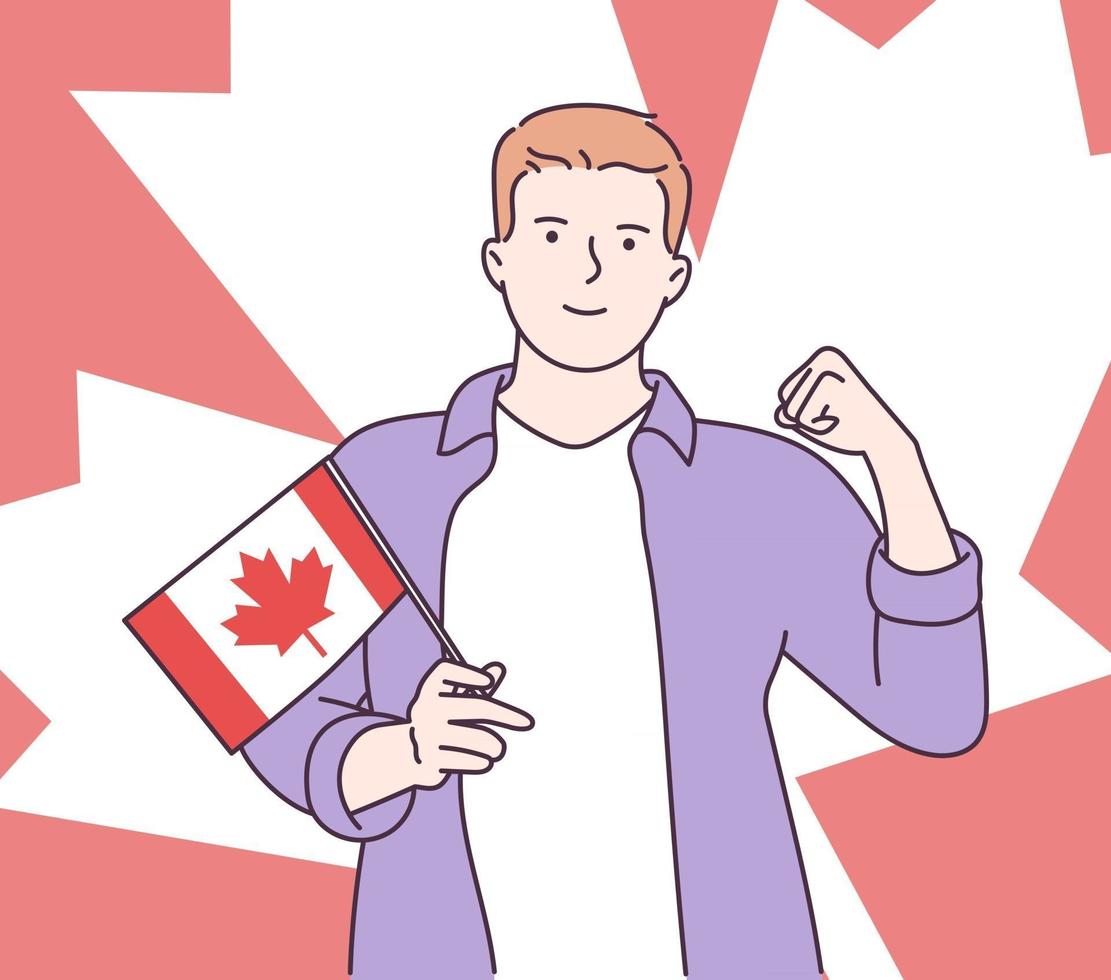 conceito de celebração do dia da independência canadense jovem animado feliz segurando uma bandeira do Canadá comemorar o dia da independência do Canadá ilustração vetorial plana vetor