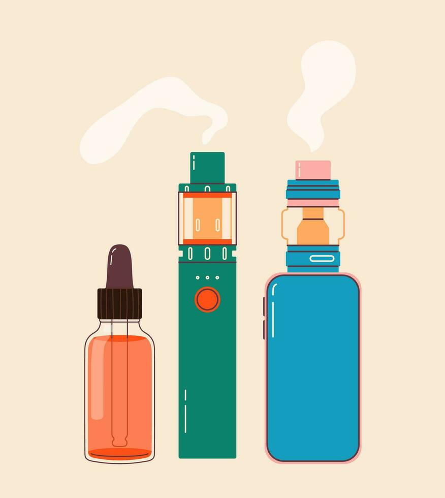 vape elementos colorida definir. eletrônico cigarros e vape definir. moderno vetor ilustração. variedade do desenhos vape canetas e mãos segurando pod modificações. plano vetor Projeto para rede e imprimir.