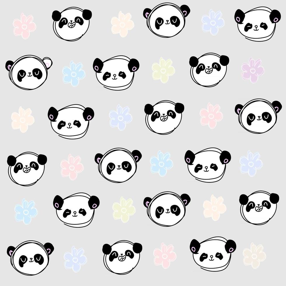 fofo pastel cinza padrão com linha doodle panda com flores multicoloridas têxteis de fundo transparente para crianças minimalismo álbum de recortes de papel para crianças vetor