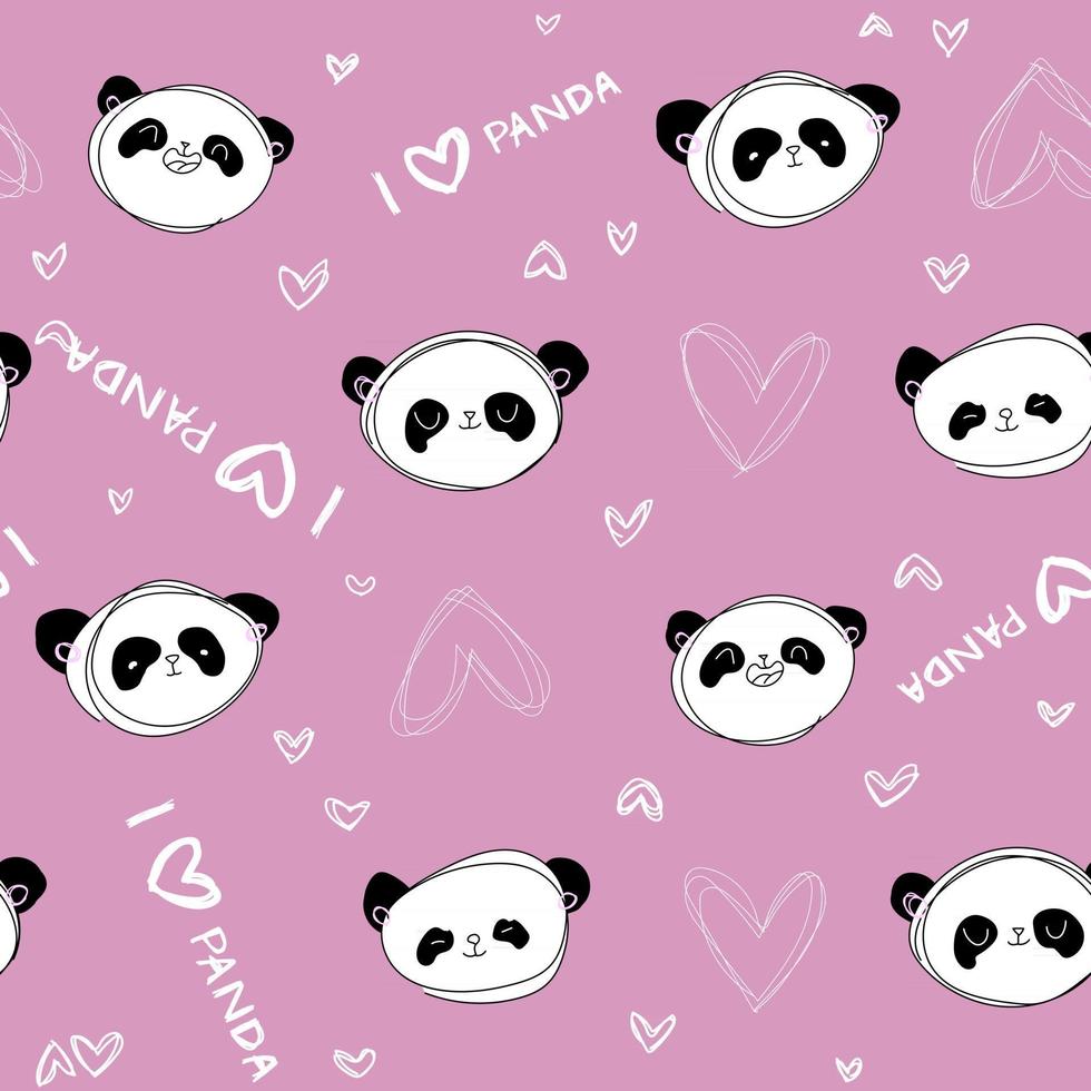 fofo rosa pastel padrão com linha doodle eu amo panda com fundo transparente de corações. têxteis para crianças minimalismo álbum de recortes de papel para crianças vetor