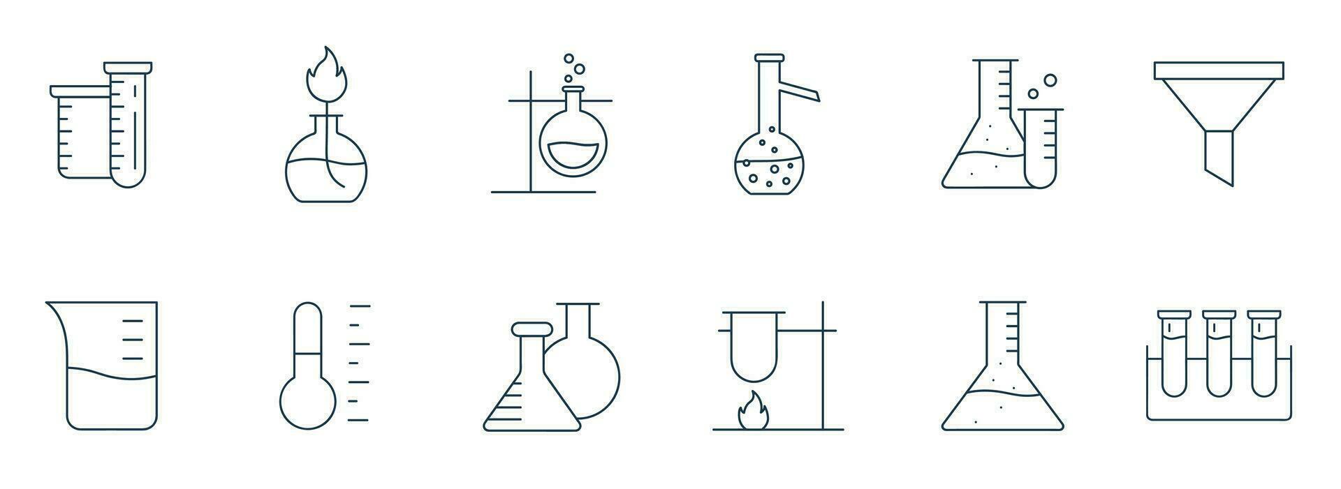 laboratório artigos de vidro ícone definir. química ou Ciência pesquisa laboratório equipamento taça, frasco, teste tubo para microbiologia esboço vetor