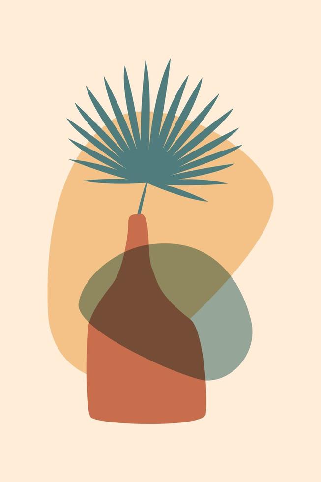 mão desenhada abstrata boho tropical folha com vaso de cor e forma isolada em fundo bege. ilustração em vetor plana. design para padrão, logotipo, cartazes, convite, cartão de felicitações