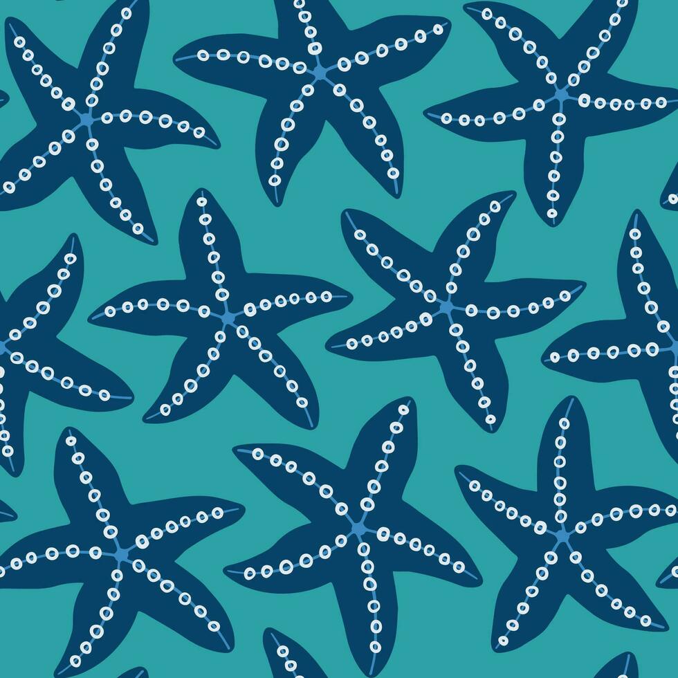estrelas do mar desatado padronizar dentro branco, cerceta e azul cores. Estrela peixe repetir padronizar. verão de praia abstrato fundo. vetor