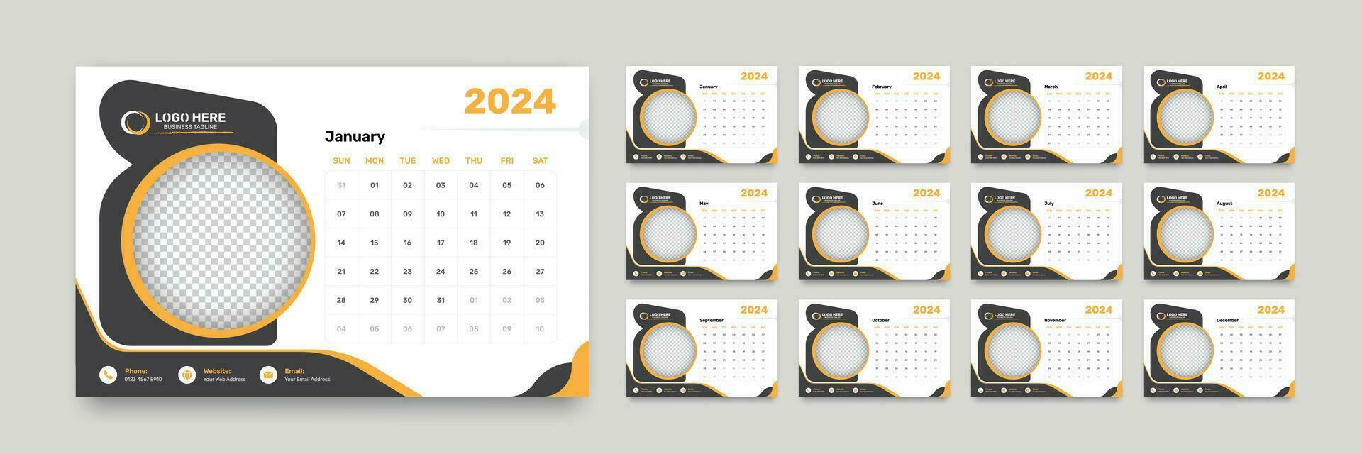 simples o negócio escrivaninha calendário com 12 meses preciso encontro formato para a ano 2024 vetor