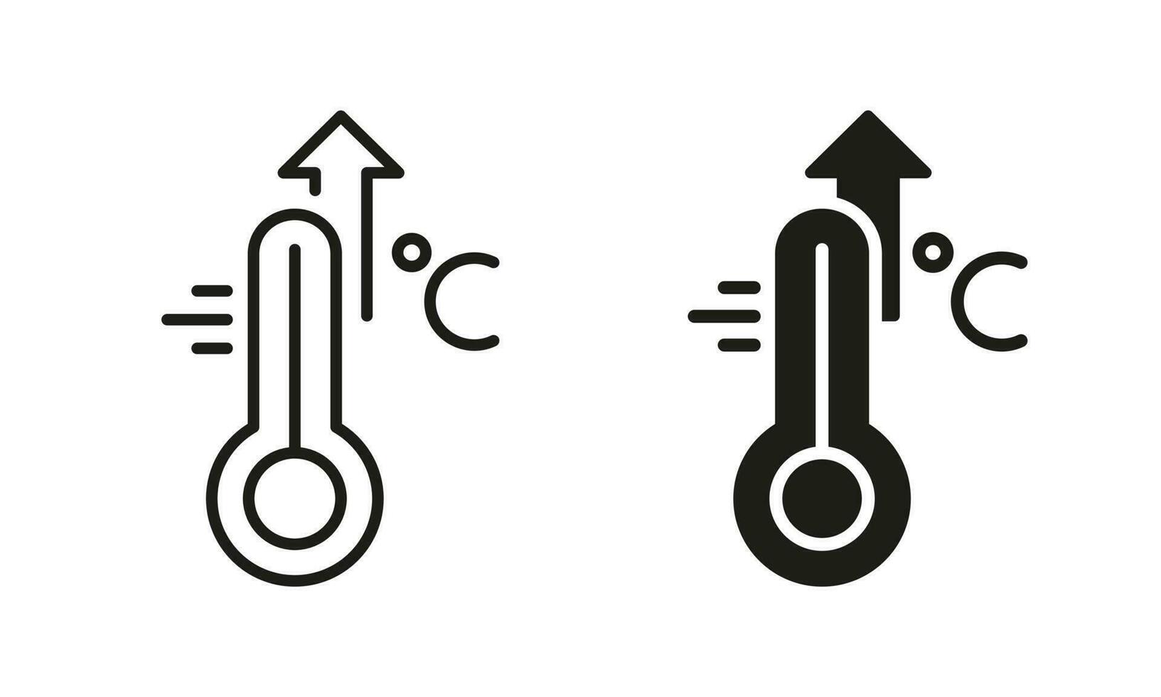 Alto temperatura escala linha e silhueta ícone definir. gripe, frio, vírus, febre sintomas símbolo coleção. termômetro com seta acima pictograma. aumentado temperatura do humano corpo. vetor ilustração.