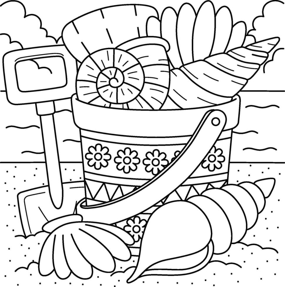 balde do conchas do mar verão coloração página para crianças vetor