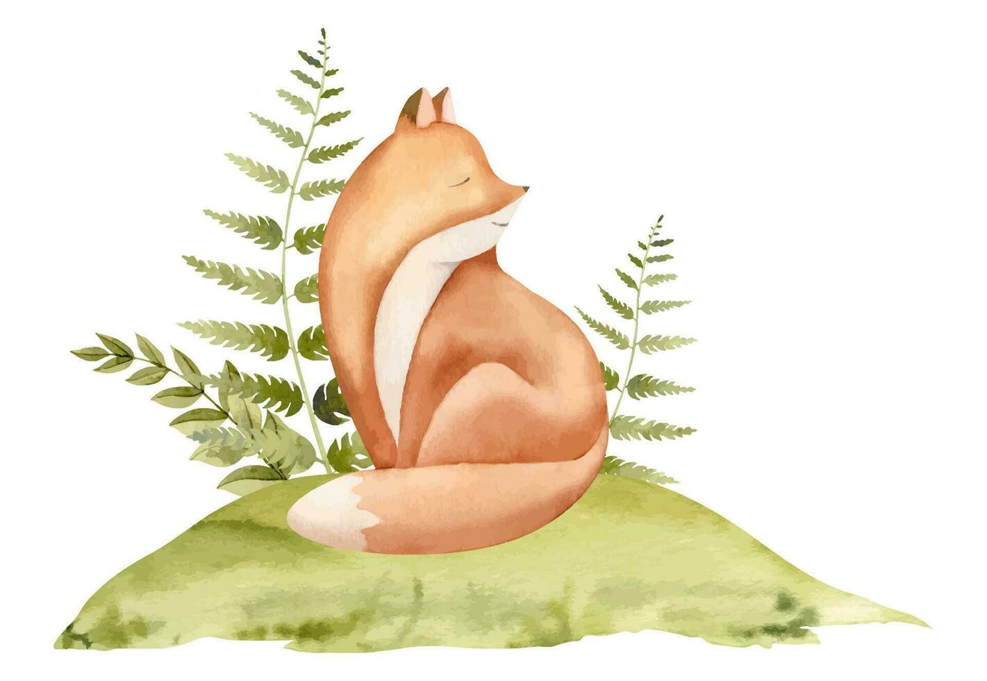 vermelho Raposa com samambaia dentro uma floresta. mão desenhado aguarela ilustração do fofa animal para bebê chuveiro em branco isolado fundo. desenhando do bosque personagem para infantil cumprimento cartões ou criança cartões vetor