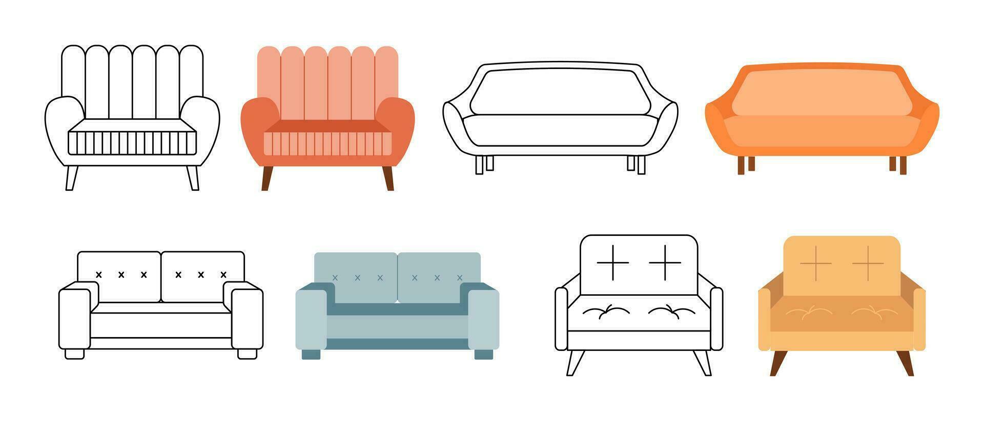 uma conjunto do sofás, pufes. coleção do estofado mobília para a lar. ícones, ilustrações, esboço, vetor