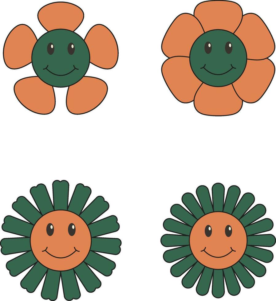 groovy flor retrô. engraçado feliz margarida com olhos e sorriso. isolado vetor ilustração.