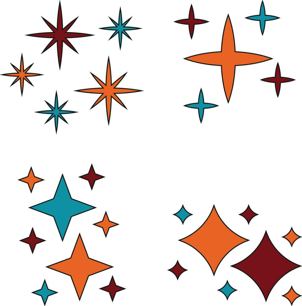 retro brilhante estrelas, starburst e retro futurista gráfico enfeites para decoração. ilustração vetor