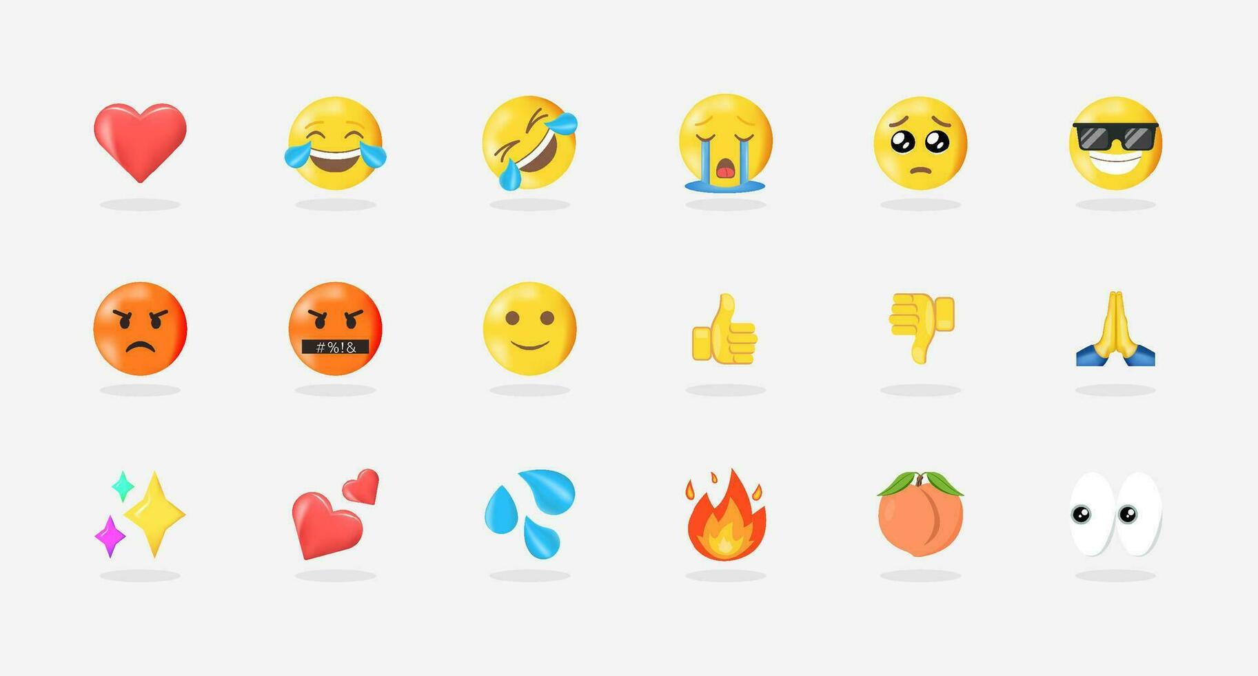 pacote do emojis coração rir rolf chore triste, Bravo polegar acima baixa pêssego fogo brilhos emojis vetor