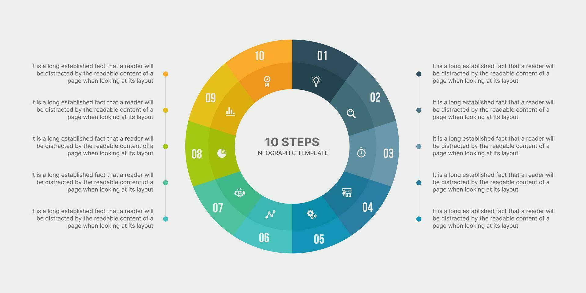 círculo infográfico, modelo Projeto com 10 passos ou opções, fluxo de trabalho ou processo diagrama vetor