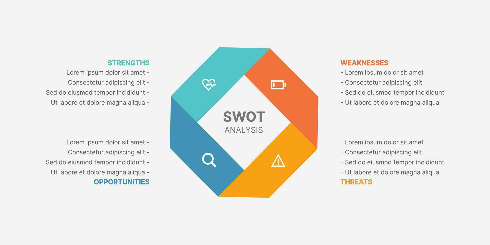 swot análise, quatro opções passos, infográfico modelo Projeto vetor