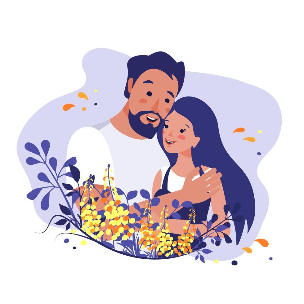 o homem abraça a mulher. relacionamentos entre as pessoas. amor, cuidado e apoio. ilustração vetorial de primavera de pessoas em um quadro floral. vetor
