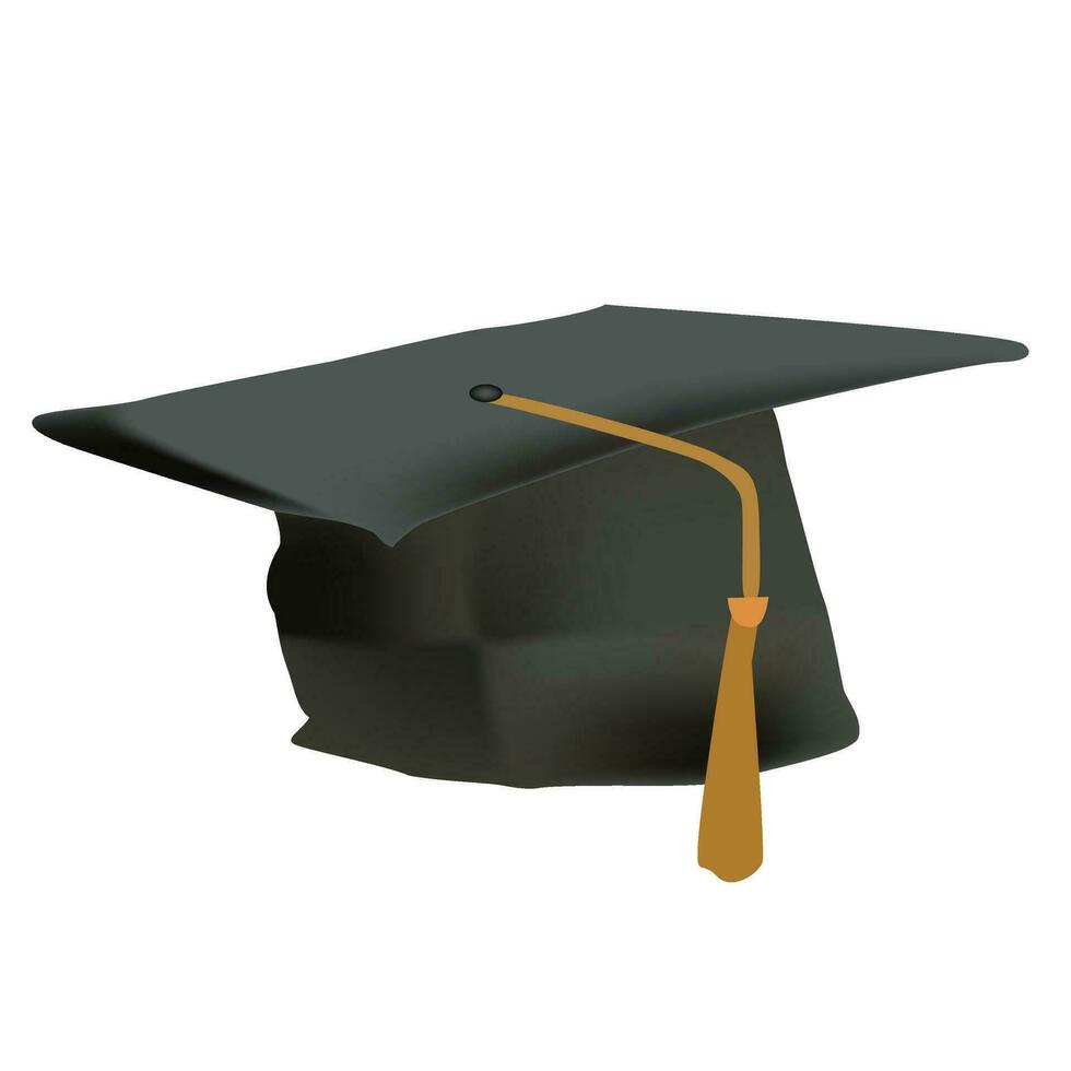 graduado faculdade, Alto escola ou universidade boné isolado em branco fundo. vetor 3d grau cerimônia chapéu com dourado pendão. Preto educacional aluna boné ícone.