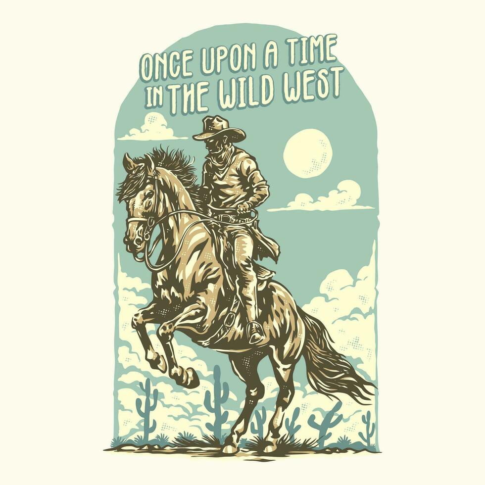 uma vaqueiro equitação uma cavalo em uma montanha com a palavras uma vez sobre uma Tempo dentro a selvagem oeste vetor
