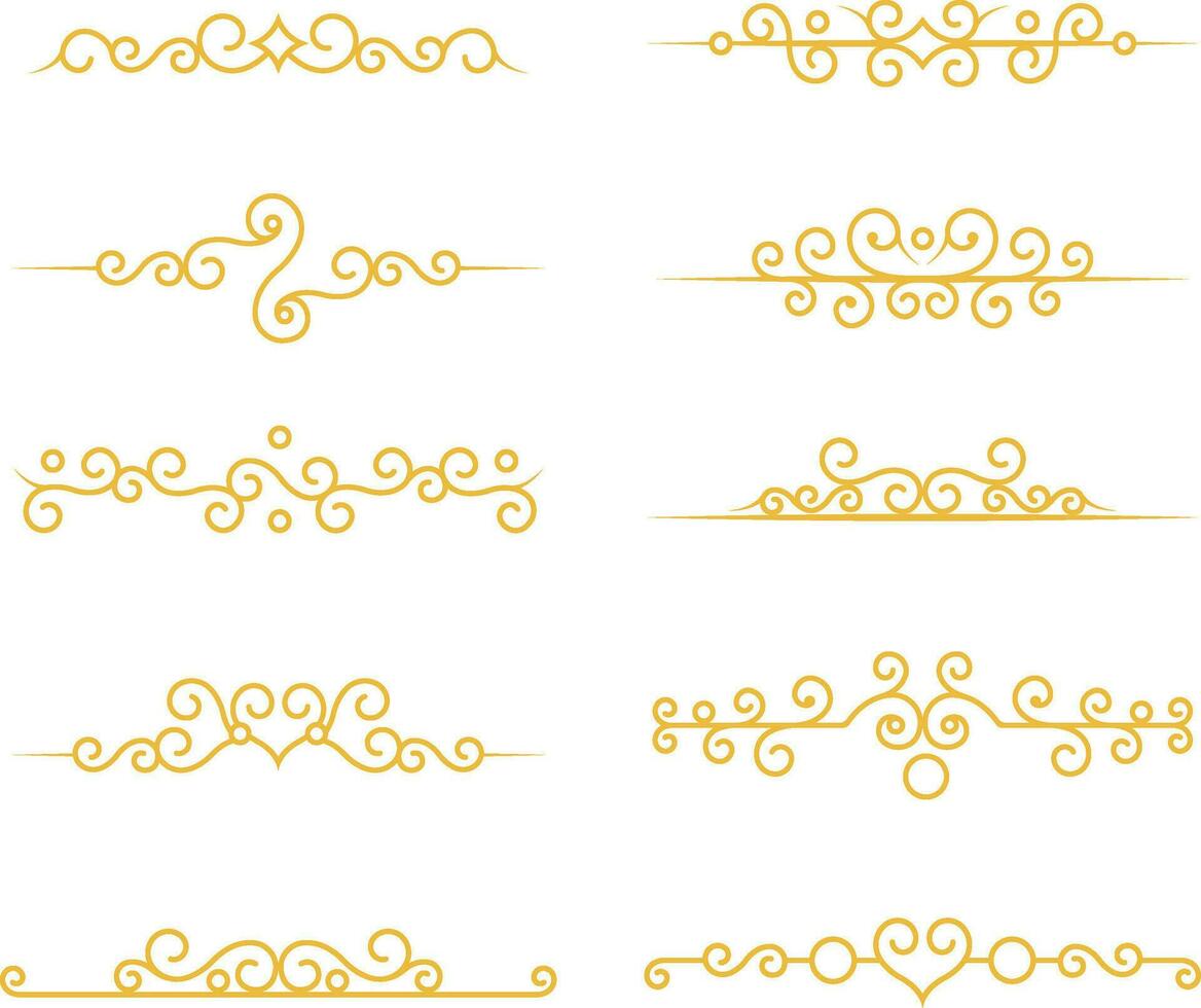 luxo divisor. ornamentado redemoinho fronteiras. vetor isolado dourado chique separadores. clássico Casamento convite caligráfico linhas.