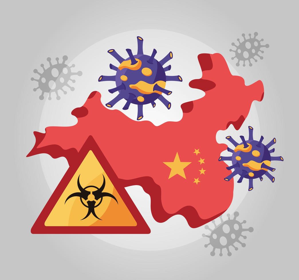 covid 19 partículas e mapa da China com sinal de risco biológico vetor