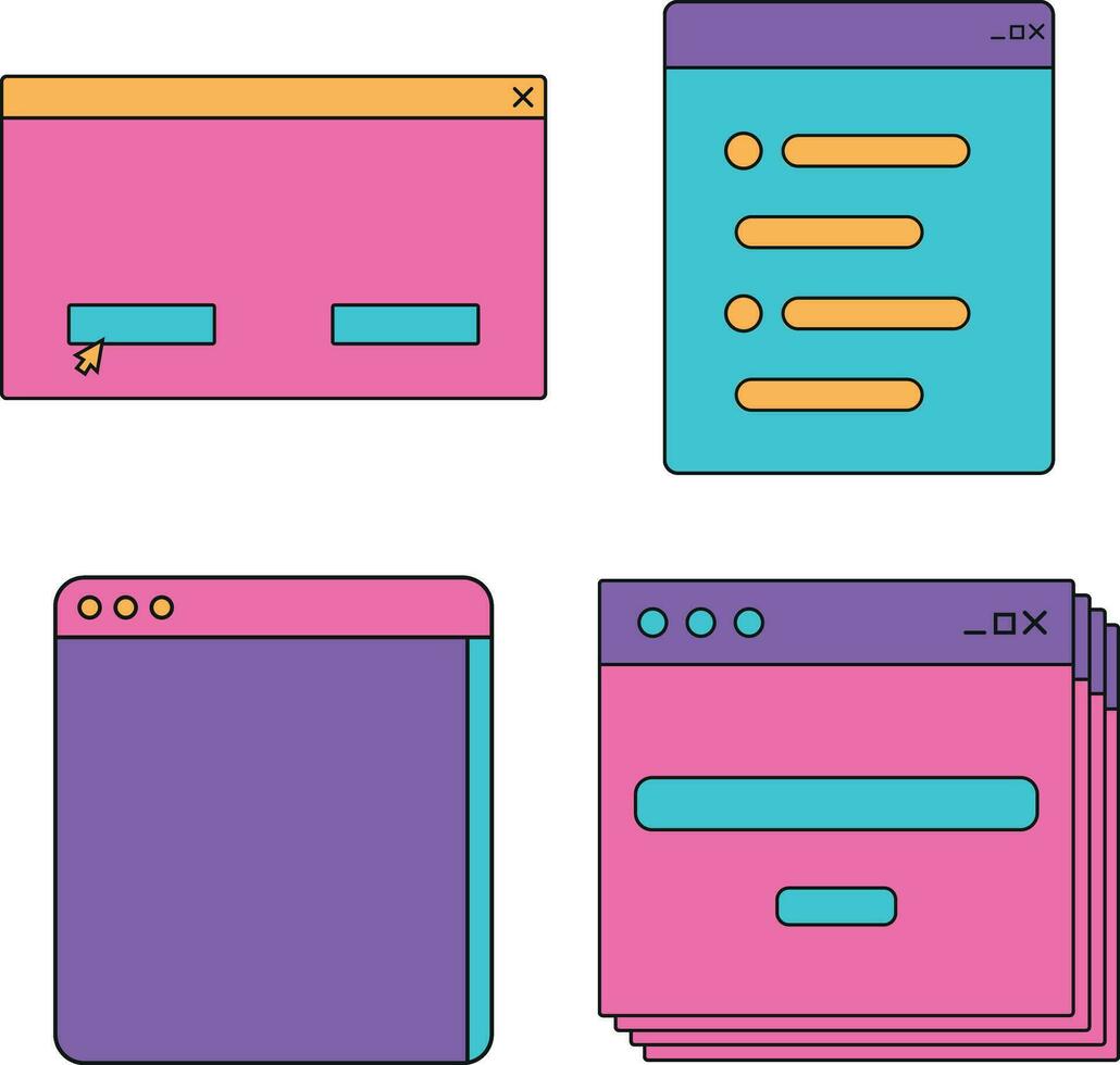 retro ui forma. social meios de comunicação histórias e Postagens com velho computador estético ui elementos vetor definir. ilustração do retro groovy abstrato interface