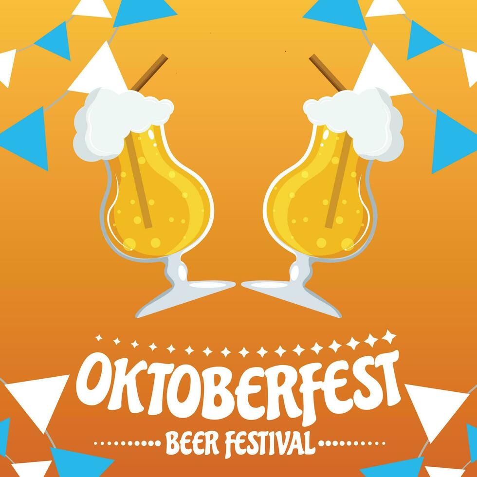 oktoberfest festa poster ilustração com fresco Sombrio cerveja, pretzel, linguiça e azul e branco festa bandeira em brilhante amarelo fundo. vetor celebração folheto modelo para tradicional alemão Cerveja