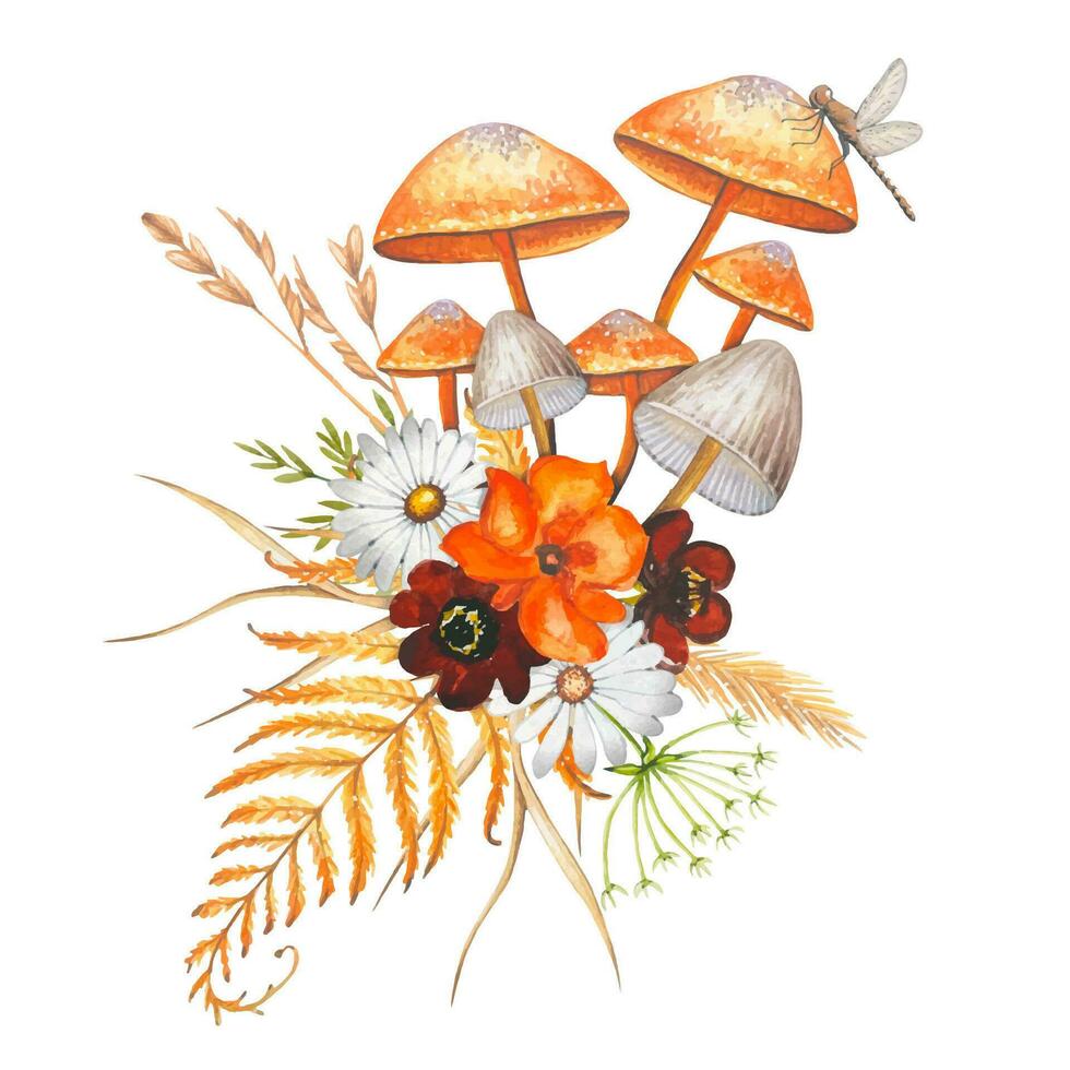 outono aguarela composição. ilustração com cogumelos, flores, seco folhas. vetor