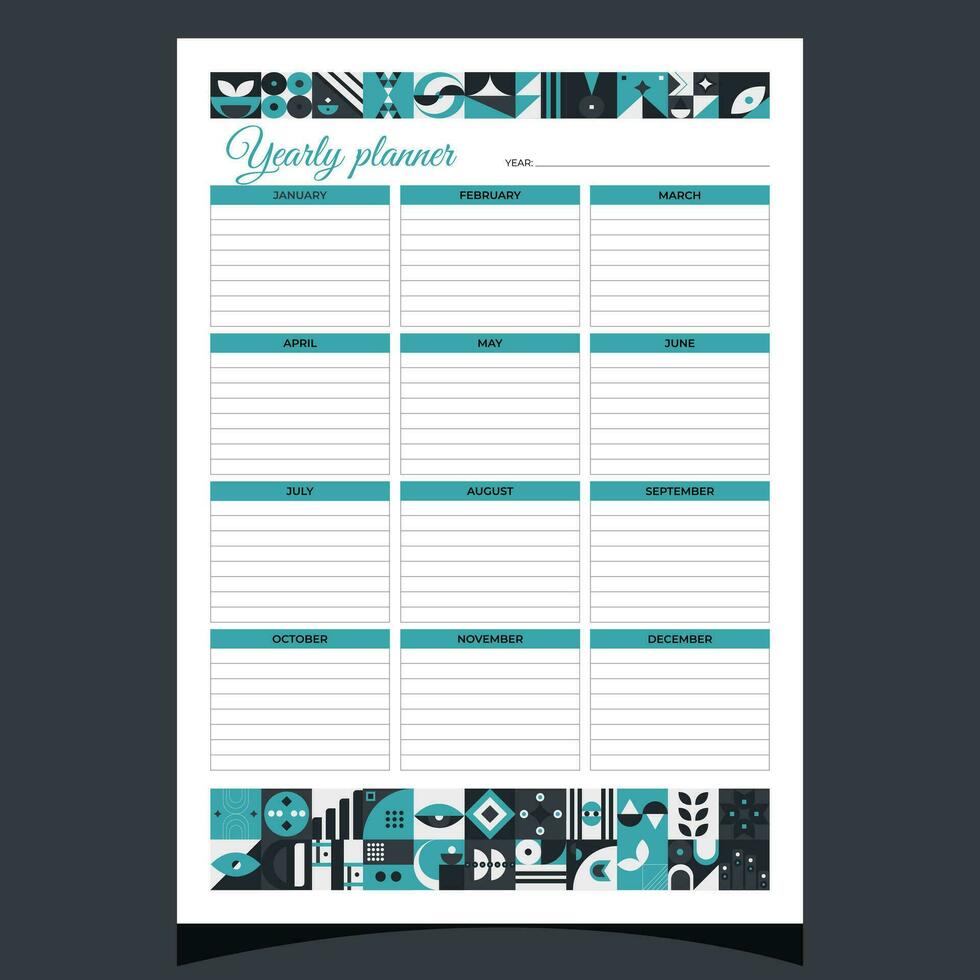 anual planejador geométrico. anual planejador imprimível modelo com geométrico formas. em branco branco caderno página a4. vetor ilustração.