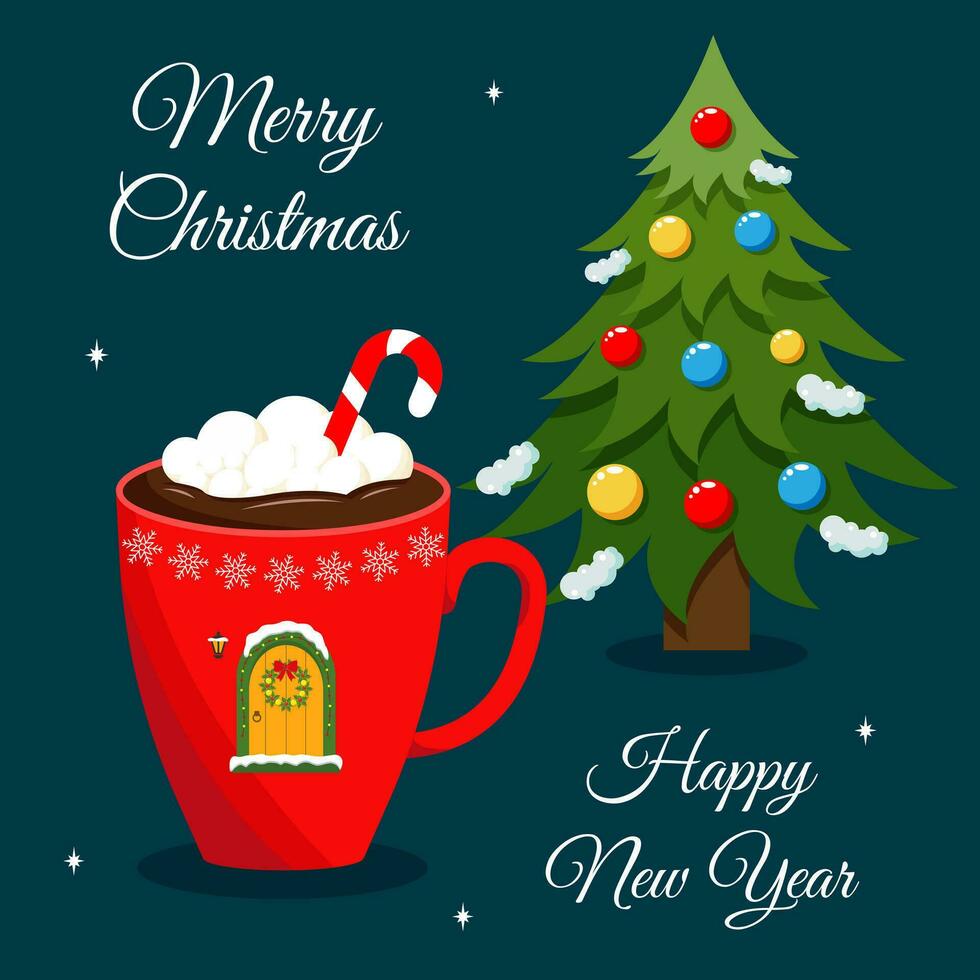 Natal, Novo ano cumprimento cartão, convite com caneca do quente chocolate e Natal árvore. caneca com doce, marshmallows, Natal guirlanda, lanterna, porta. vetor ilustração.