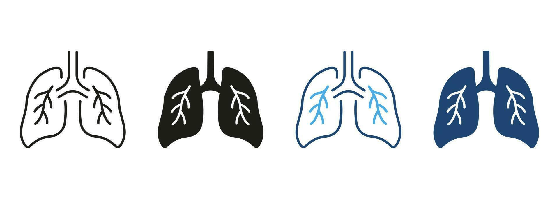 saudável bronquial respiratório sistema linha e silhueta cor ícone definir. pulmão, humano interno órgão pictograma. respiração doença símbolo coleção em branco fundo. isolado vetor ilustração.