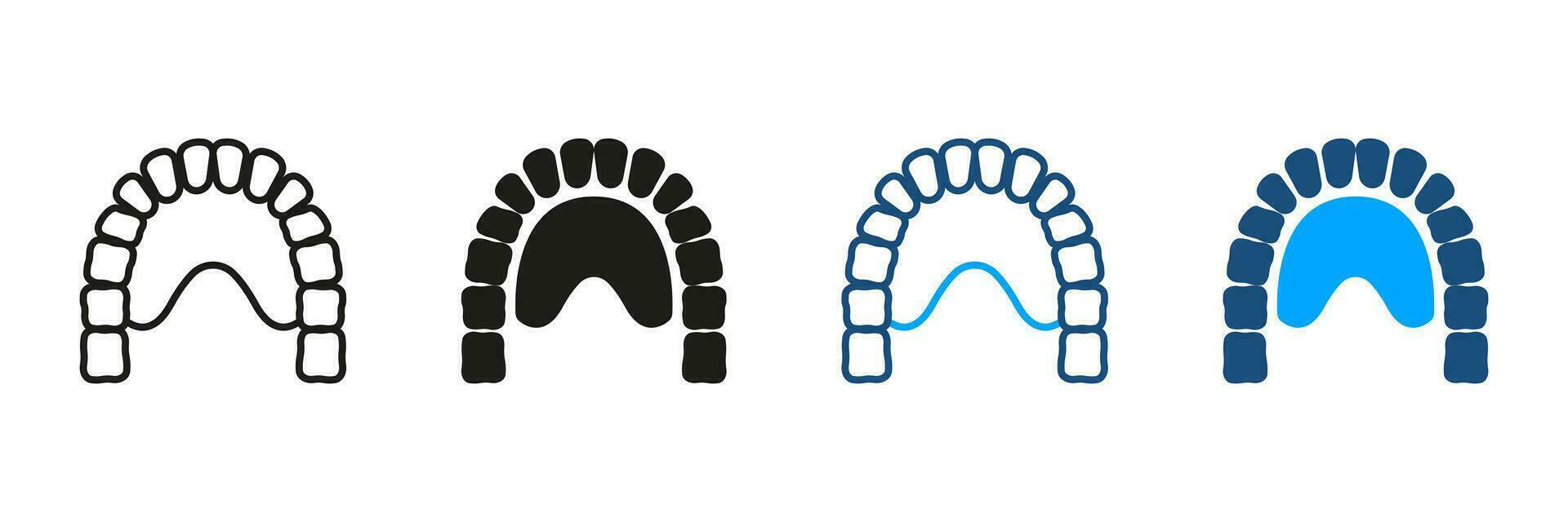 maxila, mais baixo mandíbula pictograma. humano mandíbula com dentes e língua silhueta e linha ícones definir. maxilar fisiologia. odontologia, dental tratamento símbolo coleção. isolado vetor ilustração.