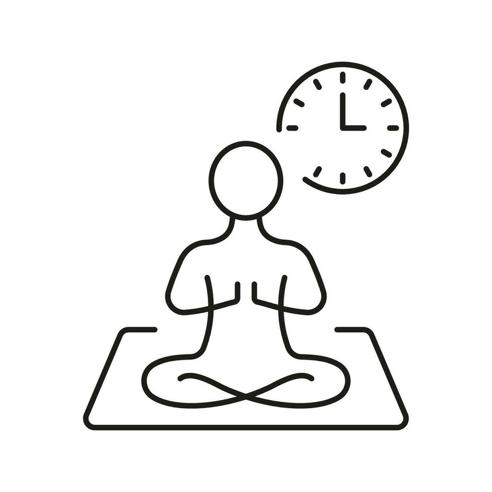 ioga Tempo linha ícone. harmonia, atenção plena, relaxar e meditação linear pictograma. relógio e pessoa sentado dentro lótus pose esboço símbolo. exercite-se alarme. editável AVC. isolado vetor ilustração.