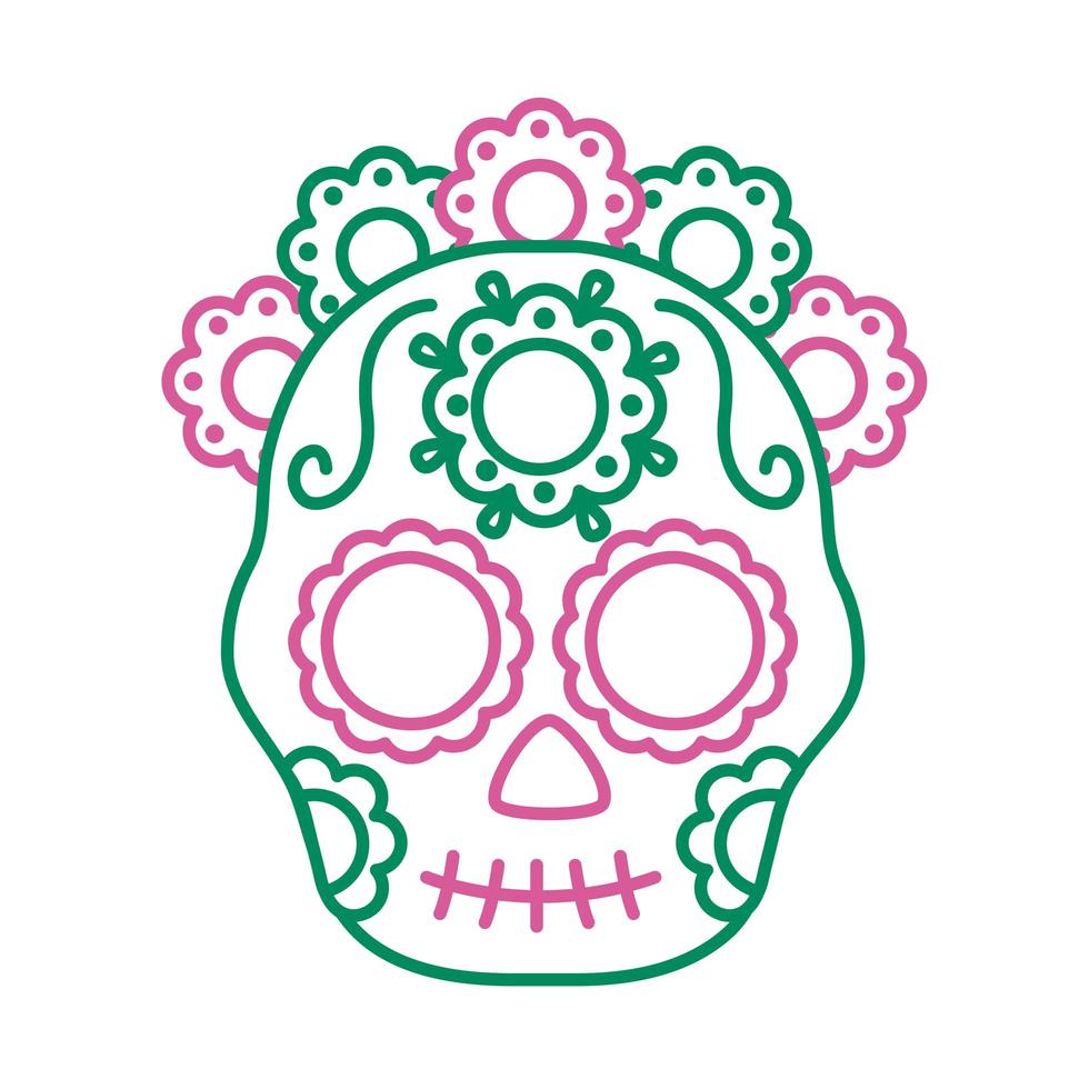 cabeça de caveira mexicana tradicional com estilo de linha de flores vetor