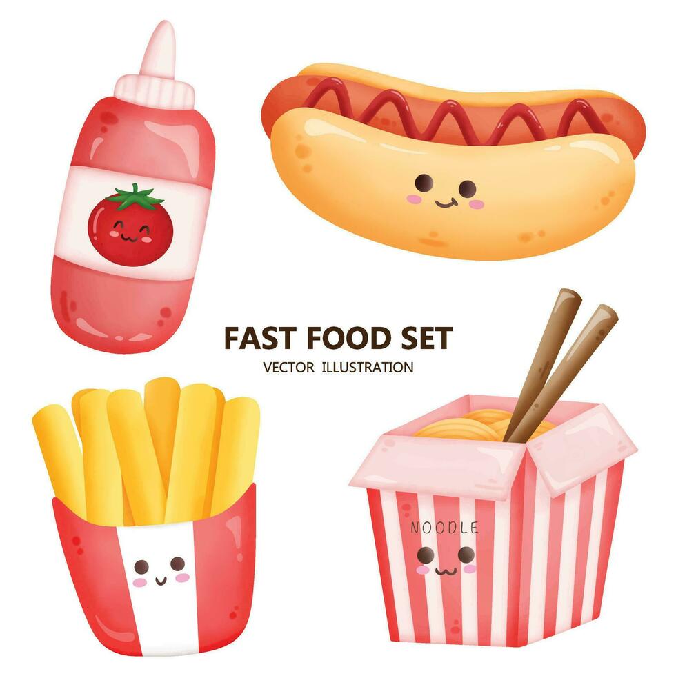 fofa velozes Comida desenho animado definir, francês fritas, tomate molho, macarrão e quente cachorro vetor ilustração