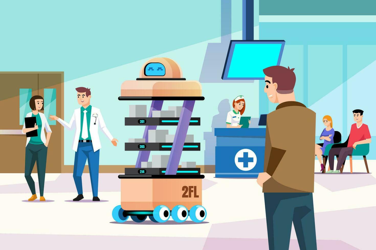 logística robôs dentro médico instalações. robótico assistente dentro hospital plano vetor ilustração.