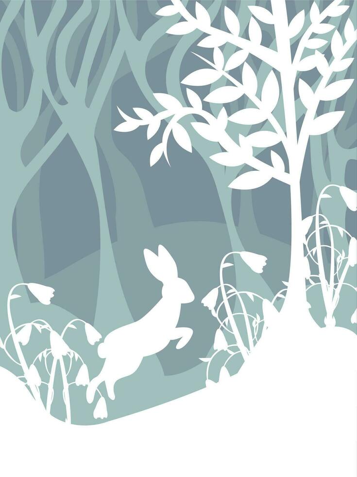 branco silhueta do uma pulando lebre contra a fundo do árvores e flores do a floresta. vetor