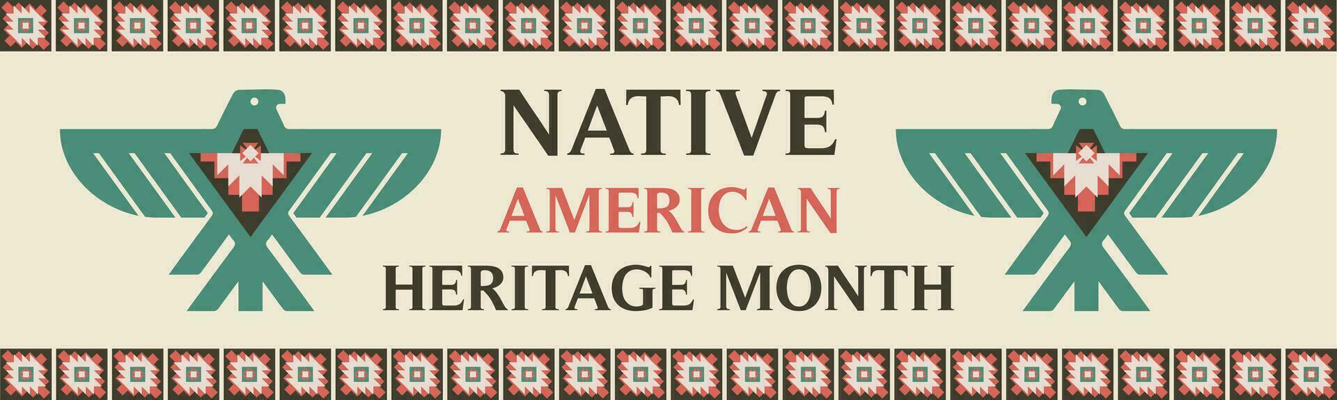 uma bandeira este características Texto:% s do nativo americano herança mês, pássaro trovão símbolo, e geométrico padrões. vetor