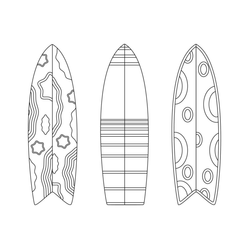 pranchas de surf. de praia conjunto para verão viagens. período de férias acessórios para mar Férias. linha arte. vetor