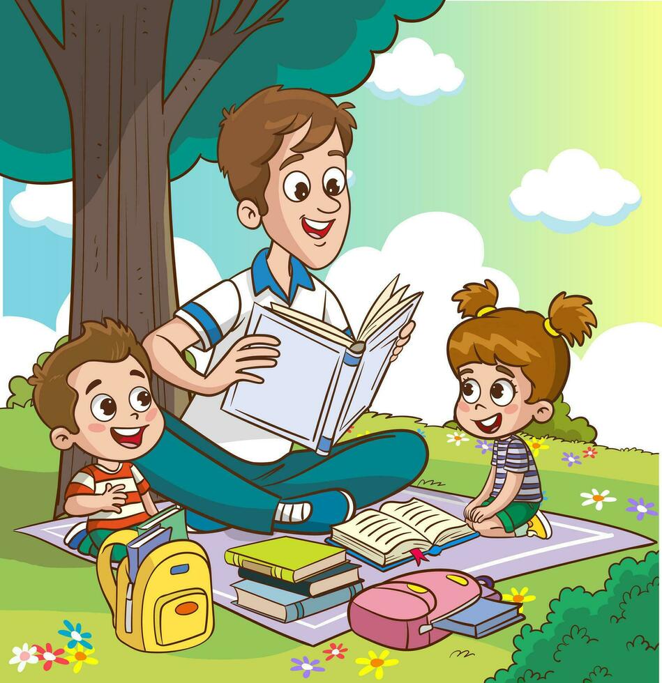 fofa crianças e pai lendo juntos.professor lendo livros para crianças. vetor